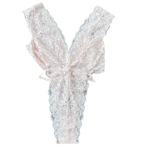 We Are HAH Cut To The Chase Lace Bodysuit Pink Floral Sheer V-Neck Large NEW